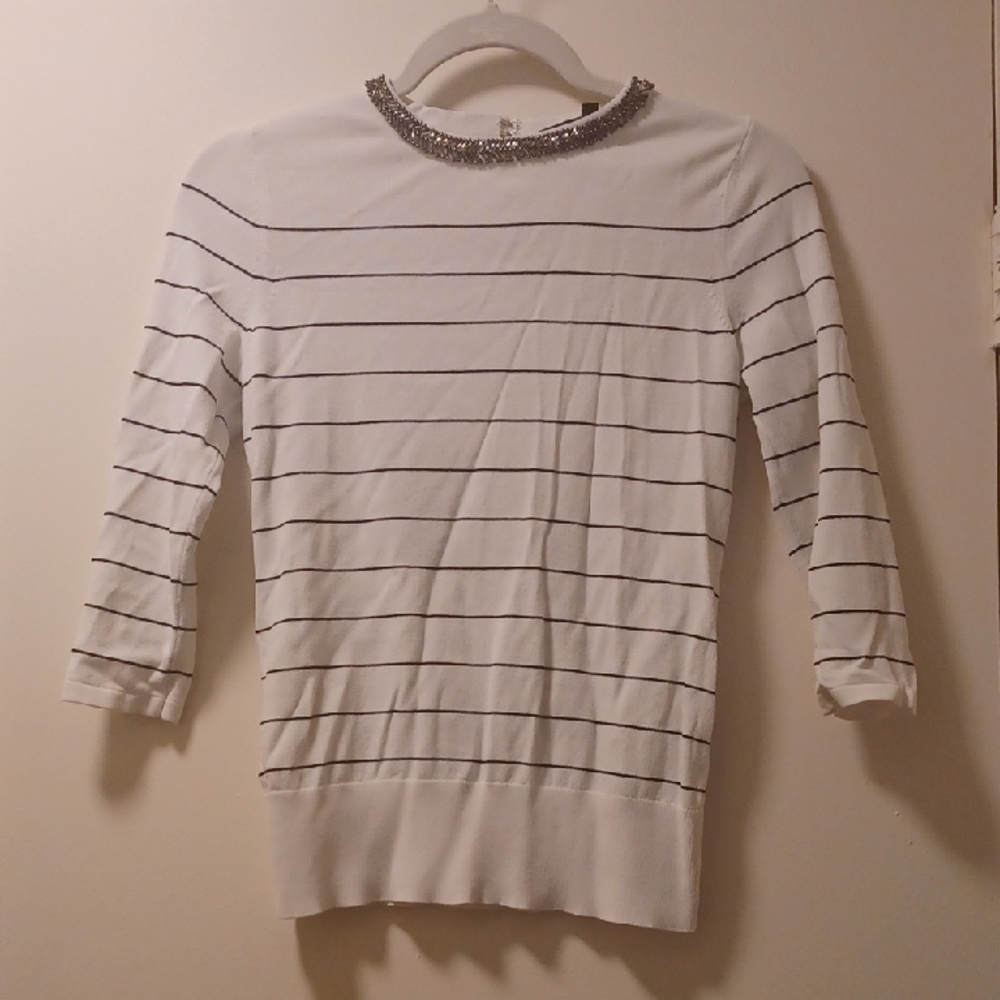 White House Black Market White Top with Black Stripes and Silver Trim